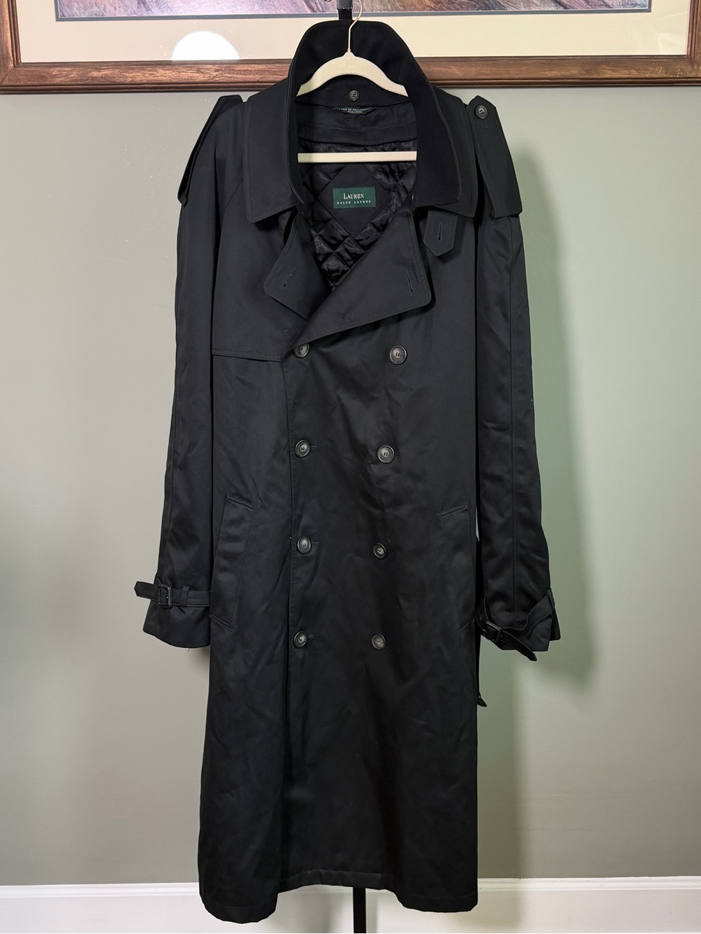 Lauren Ralph Lauren Black Double-Breasted Trench Coat with Epaulets 52L